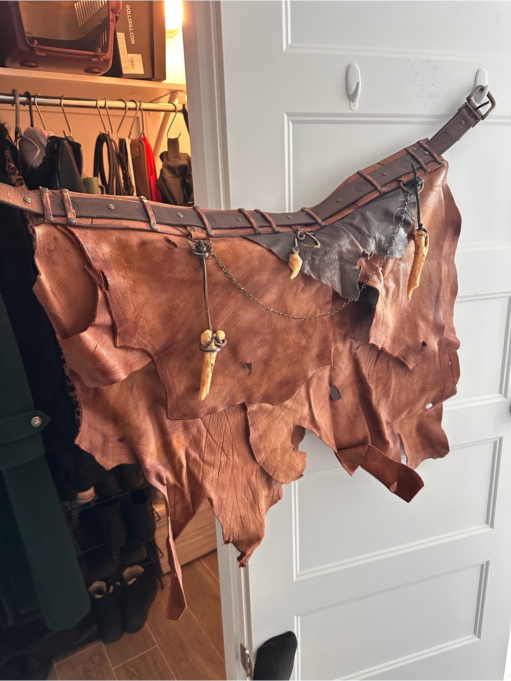 Brown Distressed Leather Waist Apron Skirt Kilt with Bones Charm Details - Picture 2 of 8